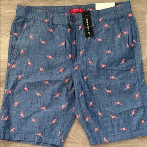 GUESS Blue Denim-Style Shorts with Coral Flamingo Print
